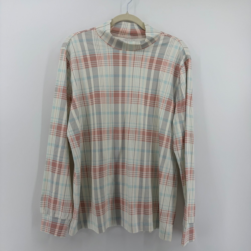 Lands End Relaxed Fit Multicolor Plaid Long Sleeve Mock Neck T Shirt XL Casual